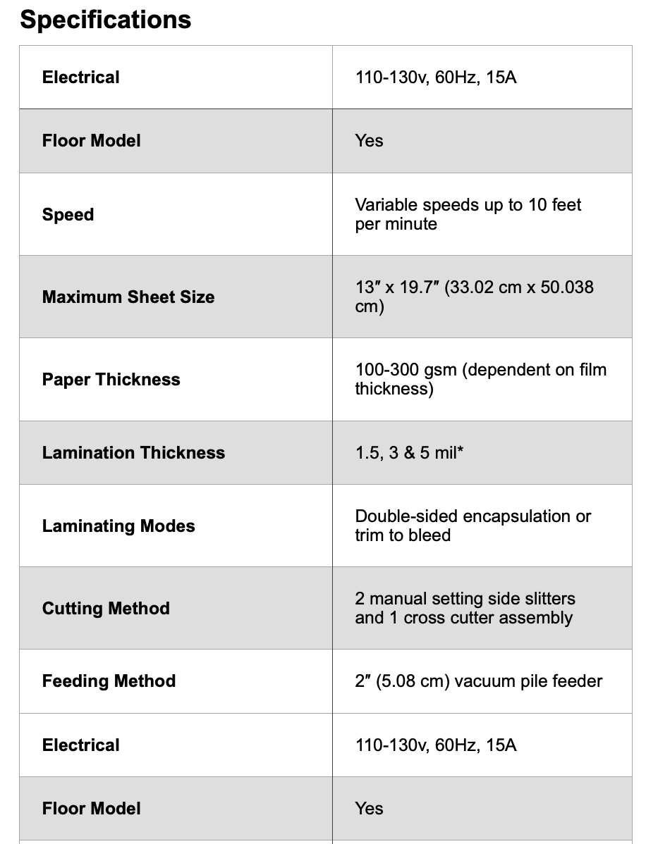Graphic Whizard PT 33LSC MICRO Laminate/Slit/Cut Specifications