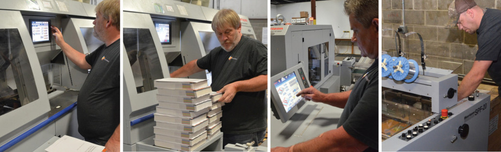 At BR Printers, operators demonstrate the efficiency and versatility of the Standard Horizon finishing systems, including the BQ-470 Perfect Binder in-line with an HT-1000V zero make-ready three-knife trimmer (L) and SPF-20 Bookletmaker (R).
